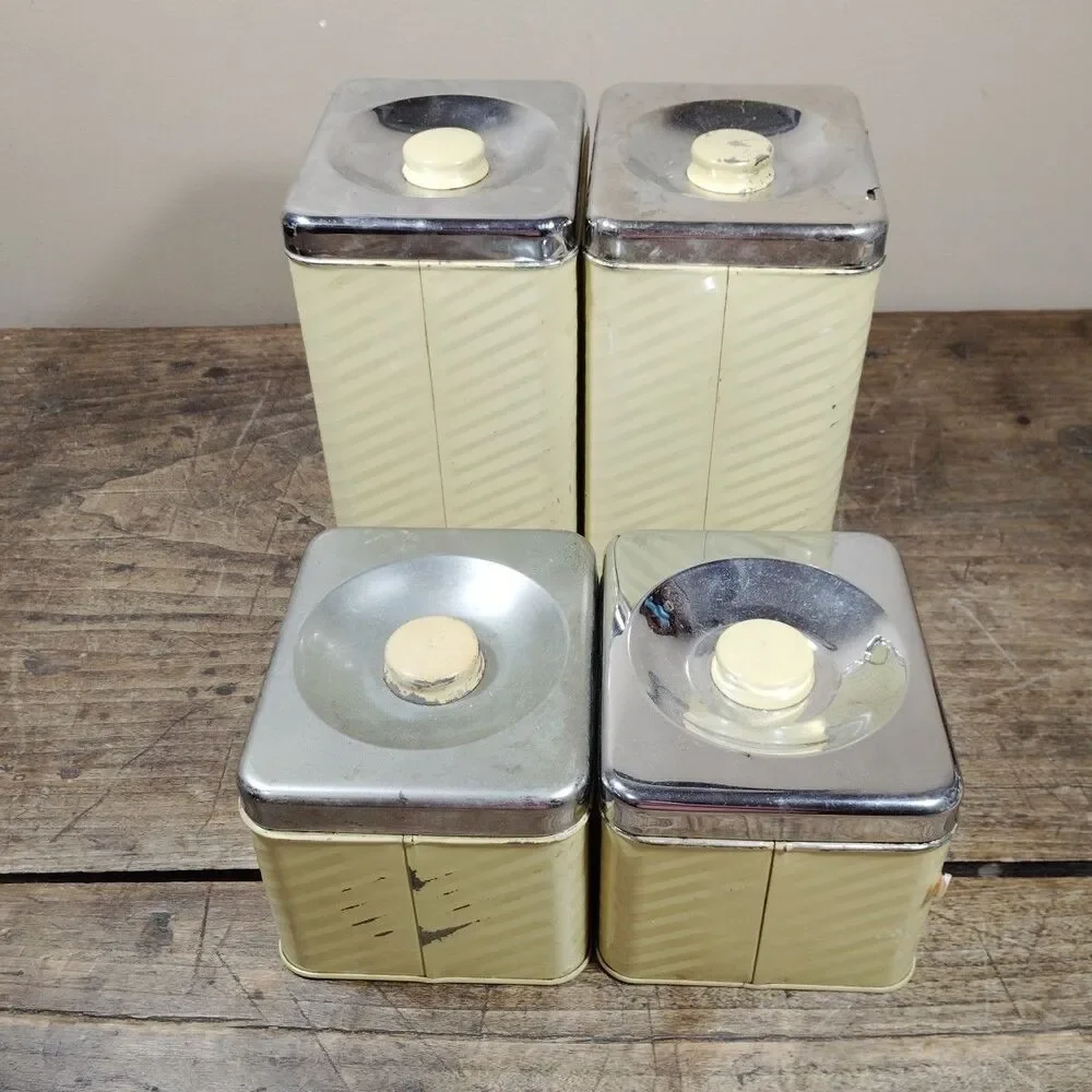 Vintage Lincoln Beautyware Metal Pale Yellow & Chrome Canisters Set 4 Kitchen